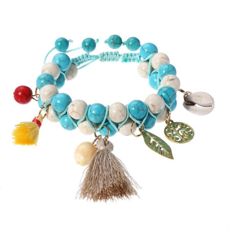 Bohemian Natural Turquoise Beads Armbånd Shell Leaf Life Tree Of Charms Beaded Tassel