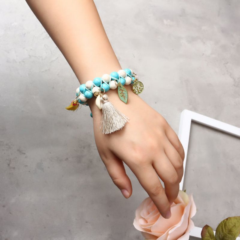 Bohemian Natural Turquoise Beads Armbånd Shell Leaf Life Tree Of Charms Beaded Tassel