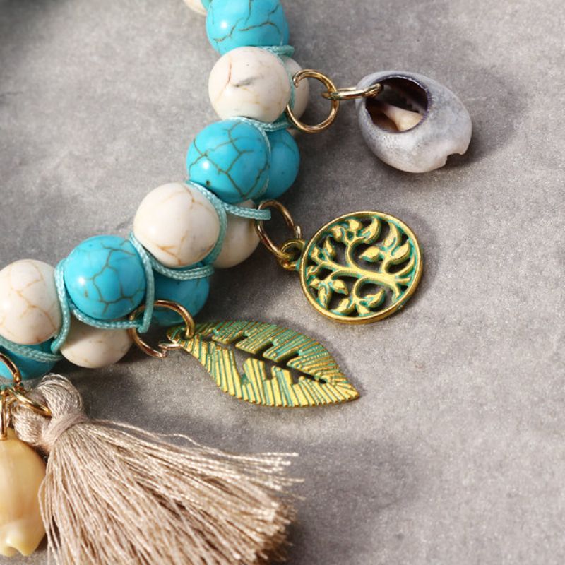 Bohemian Natural Turquoise Beads Armbånd Shell Leaf Life Tree Of Charms Beaded Tassel