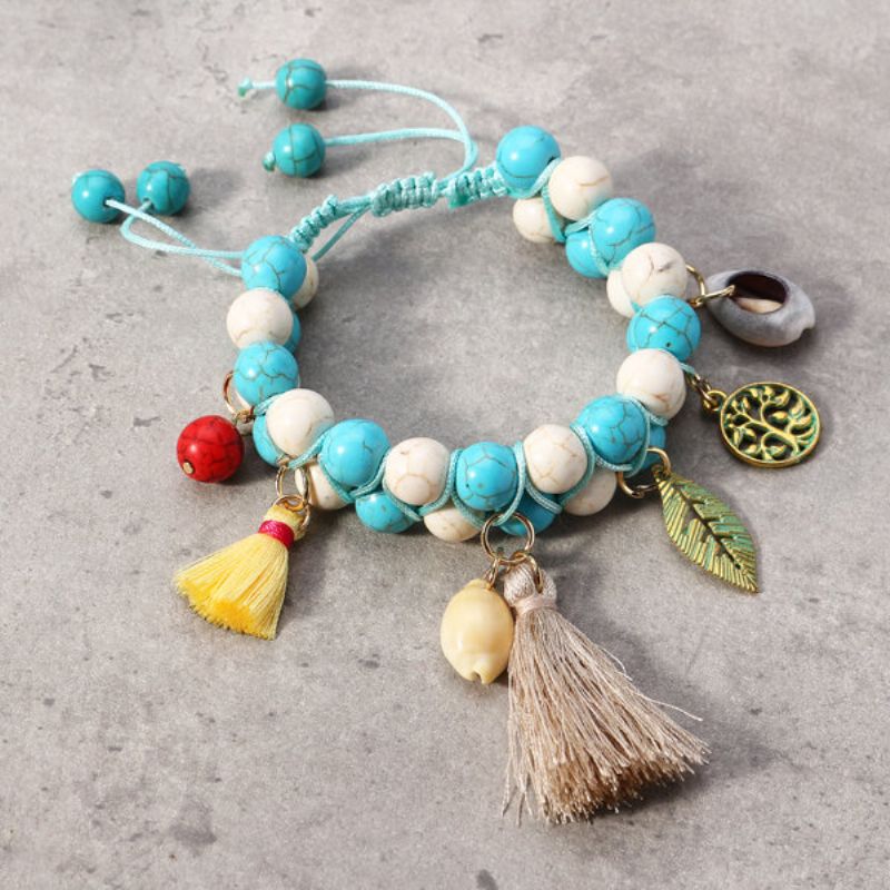 Bohemian Natural Turquoise Beads Armbånd Shell Leaf Life Tree Of Charms Beaded Tassel