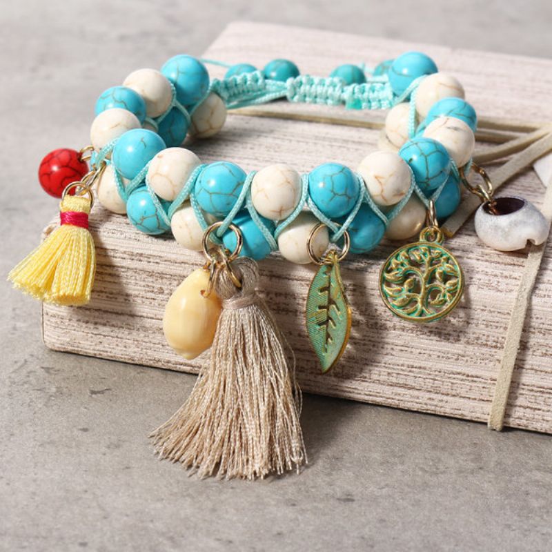 Bohemian Natural Turquoise Beads Armbånd Shell Leaf Life Tree Of Charms Beaded Tassel