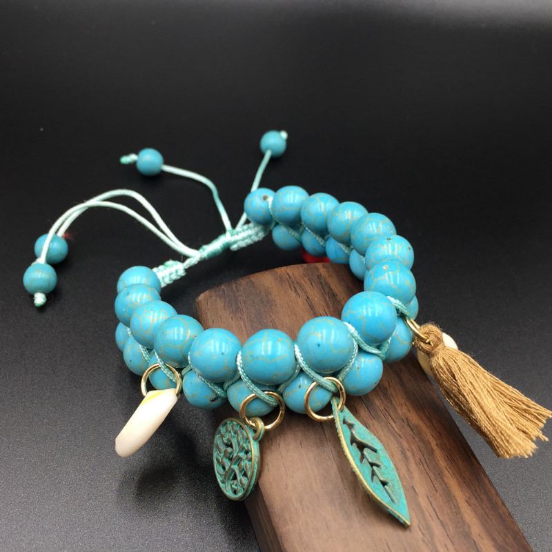 Bohemian Natural Turquoise Beads Armbånd Shell Leaf Life Tree Of Charms Beaded Tassel