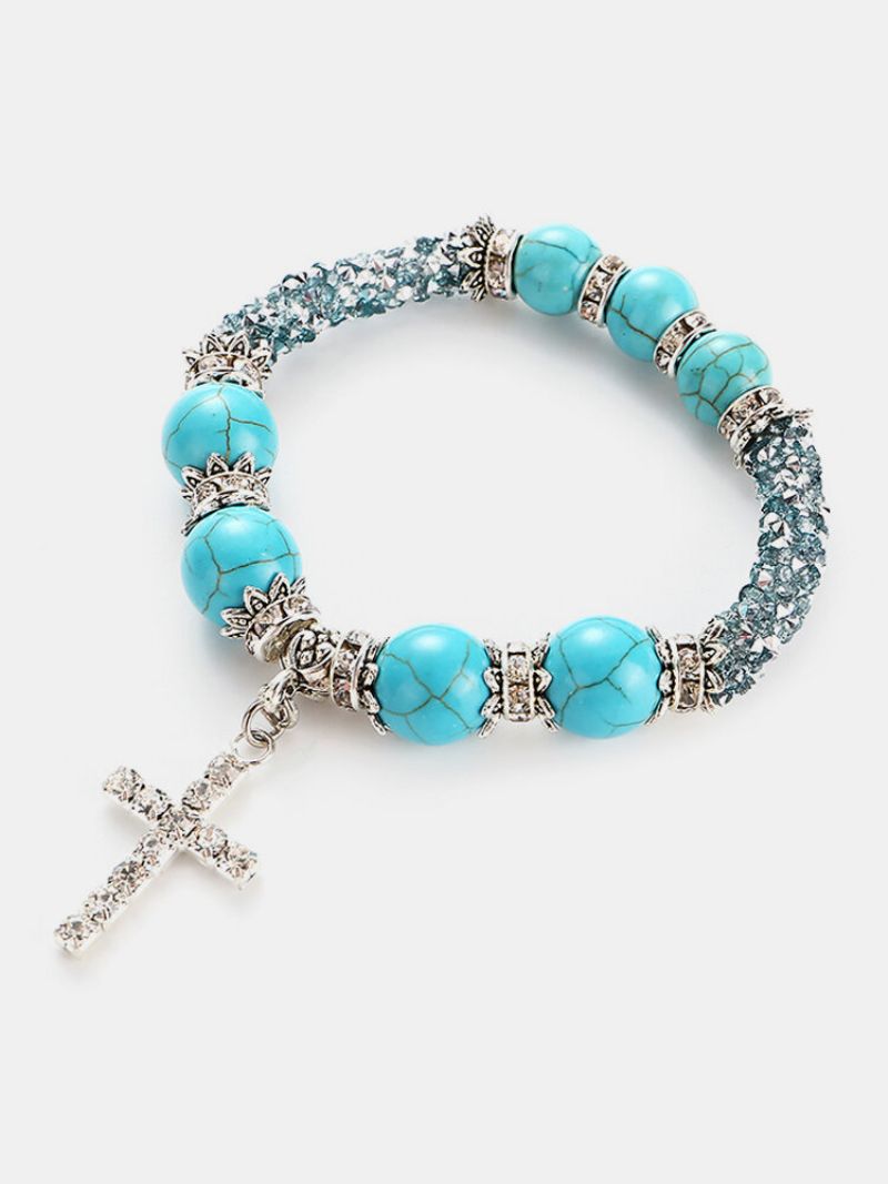 Boho Rhinestones Naturlig Hvit Blå Turkis Stone Beads Cross Armbånd Gave For Kvinner