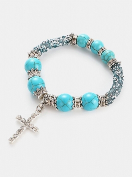 Boho Rhinestones Naturlig Hvit Blå Turkis Stone Beads Cross Armbånd Gave For Kvinner