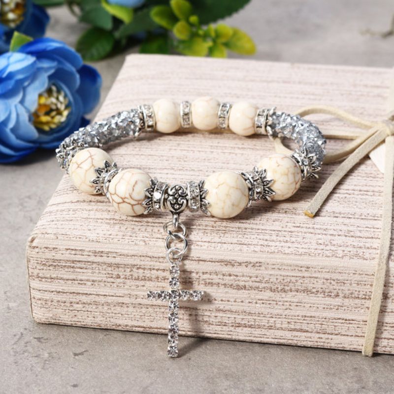 Boho Rhinestones Naturlig Hvit Blå Turkis Stone Beads Cross Armbånd Gave For Kvinner