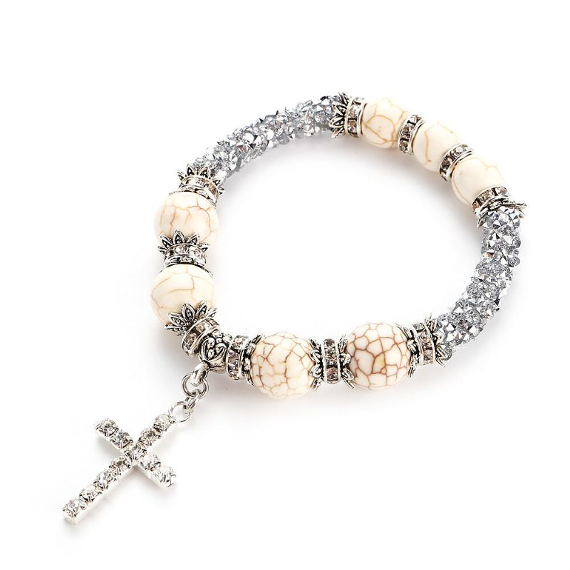 Boho Rhinestones Naturlig Hvit Blå Turkis Stone Beads Cross Armbånd Gave For Kvinner