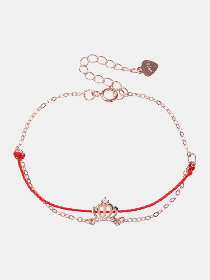 Luksus 925 Sterling Sølv Rødt Tau Lucky Charm Armbånd Zirconia Krone Rose Gull Kjede