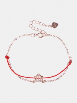 Luksus 925 Sterling Sølv Rødt Tau Lucky Charm Armbånd Zirconia Krone Rose Gull Kjede