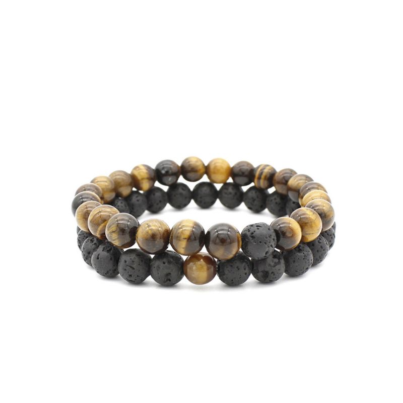 Minimalistisk Tiger Eye Naturstein 8mm Beaded Håndkjededrakt 2stk Gjennomskinnelig Lava Armbåndsett For Menn Dame Kvinner