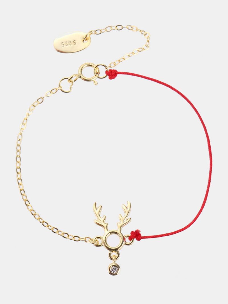 Mote Lucky Thin Red Rope 925 Sterling Sølv Armbånd Elk Deer Zirconia For Kvinner