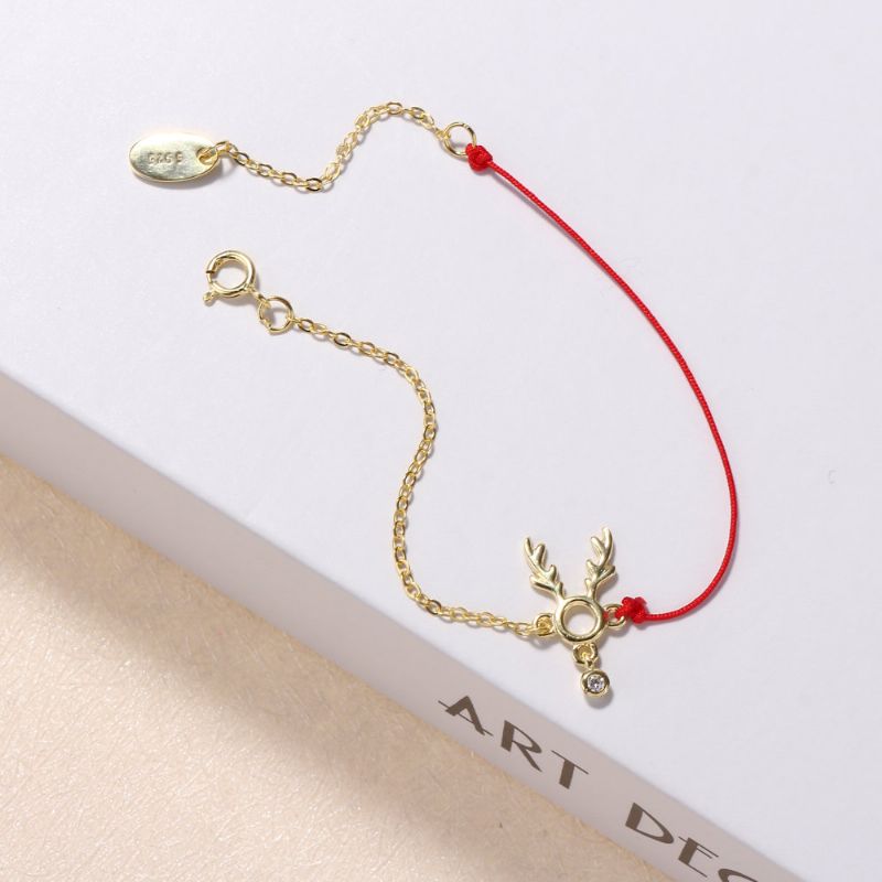 Mote Lucky Thin Red Rope 925 Sterling Sølv Armbånd Elk Deer Zirconia For Kvinner