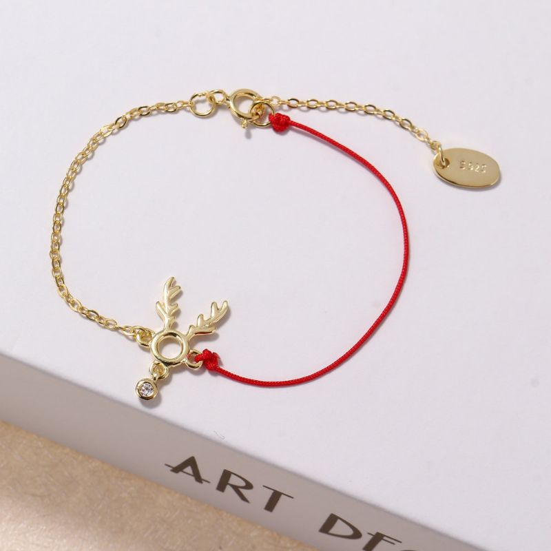 Mote Lucky Thin Red Rope 925 Sterling Sølv Armbånd Elk Deer Zirconia For Kvinner