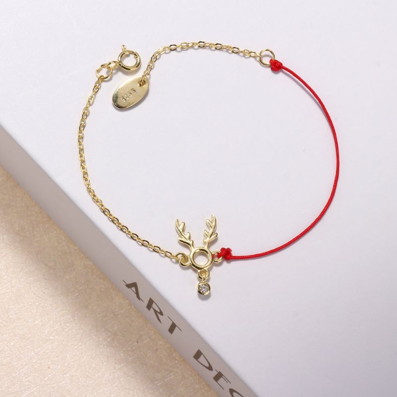 Mote Lucky Thin Red Rope 925 Sterling Sølv Armbånd Elk Deer Zirconia For Kvinner