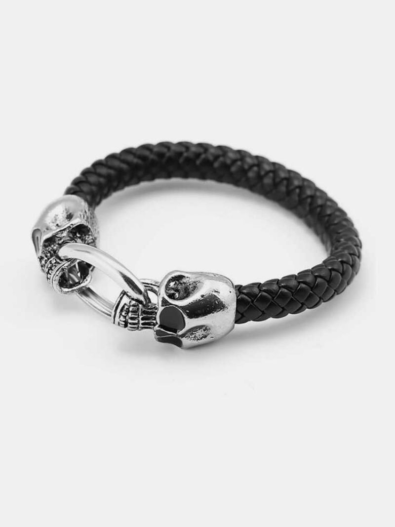 Punk Mansjett Armbånd Doble Skulls Svart Slange Korn Skinn Etniske Smykker For Menn