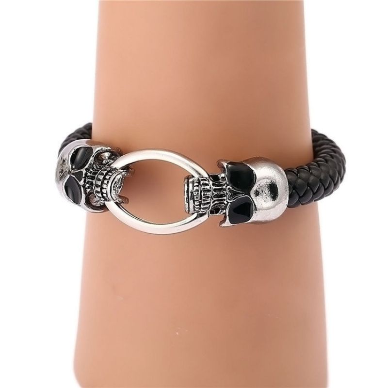 Punk Mansjett Armbånd Doble Skulls Svart Slange Korn Skinn Etniske Smykker For Menn