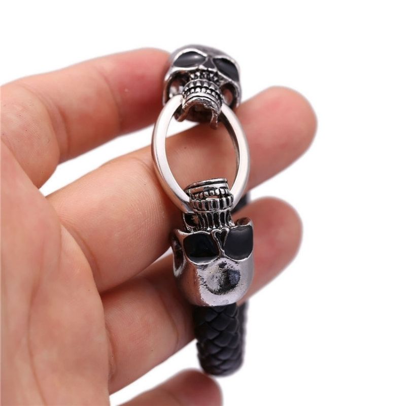 Punk Mansjett Armbånd Doble Skulls Svart Slange Korn Skinn Etniske Smykker For Menn