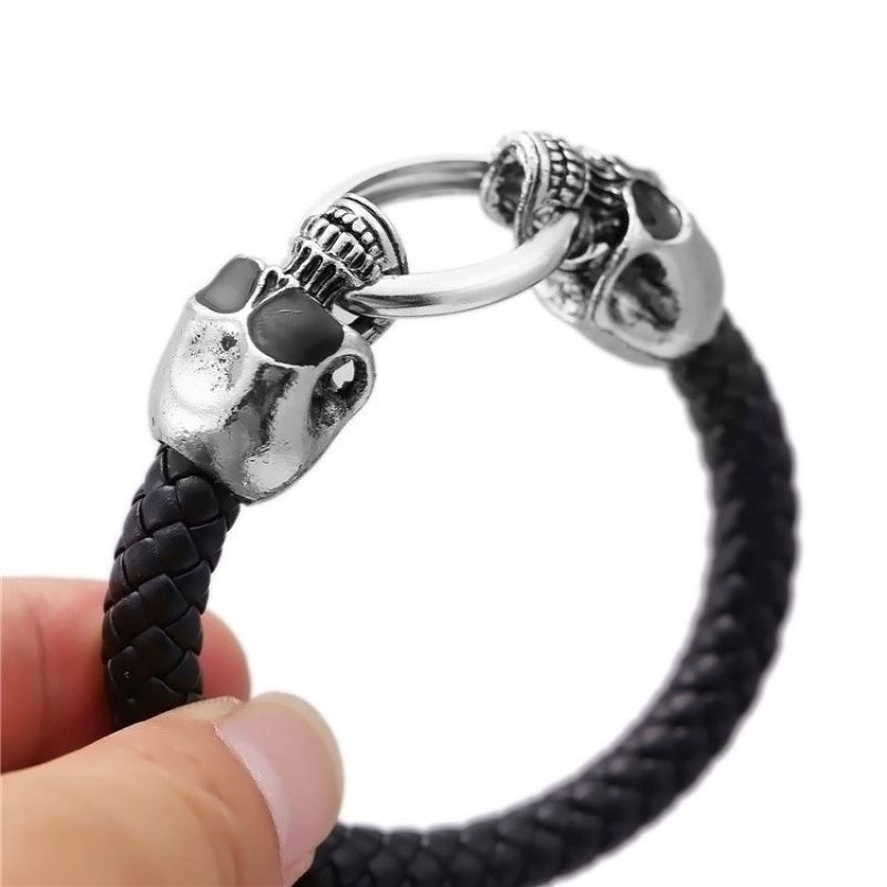 Punk Mansjett Armbånd Doble Skulls Svart Slange Korn Skinn Etniske Smykker For Menn