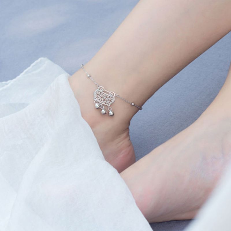 Pure Silver Anklet For Women Sikkerhetslås Og Lucky Bell National Style Fade-sikker Og Anti-allergi Nydelig Kjede