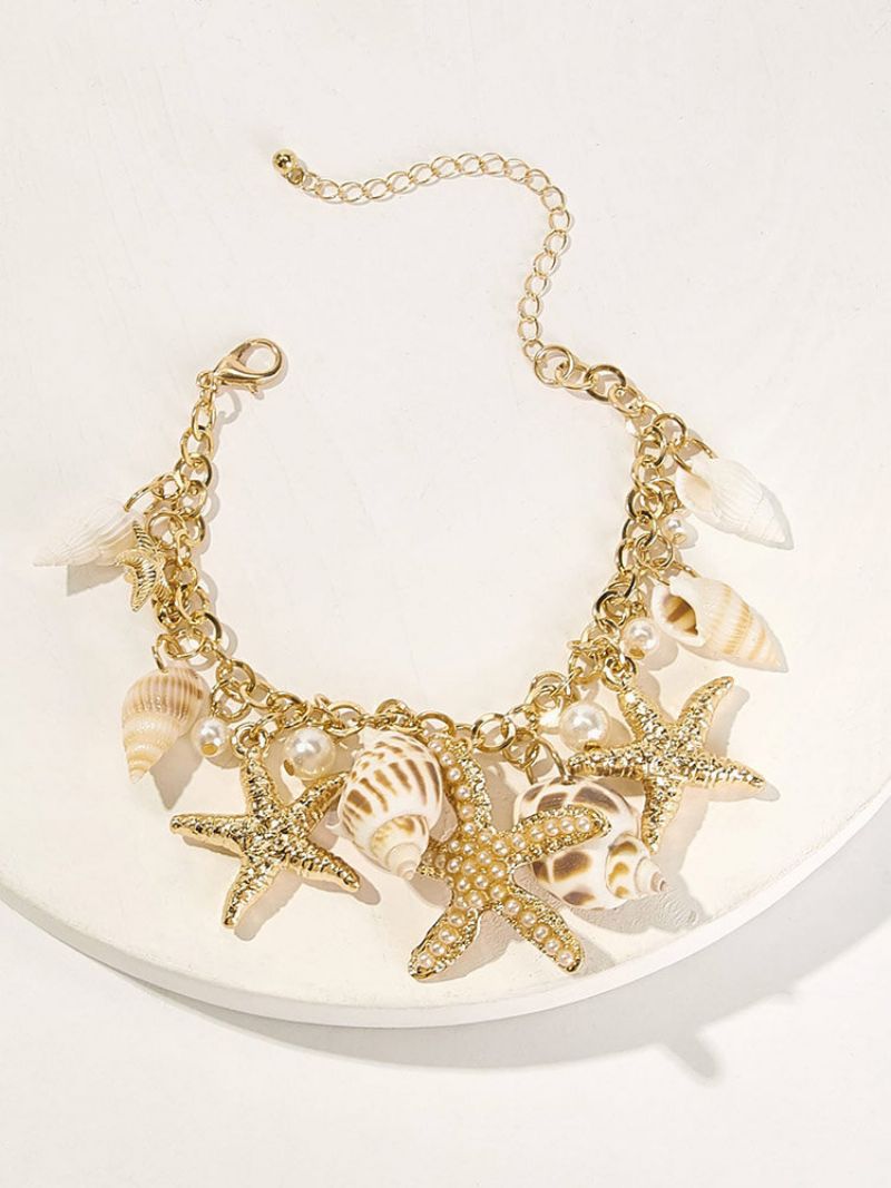 Trendy Conch Starfish-anheng Kvastarmbånd Bohemian Hollow Pearl Chain Armbånd For Kvinne