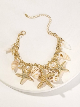 Trendy Conch Starfish-anheng Kvastarmbånd Bohemian Hollow Pearl Chain Armbånd For Kvinne