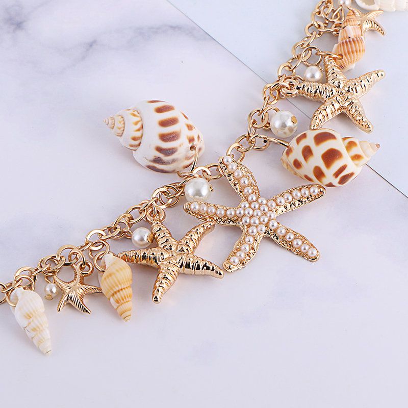 Trendy Conch Starfish-anheng Kvastarmbånd Bohemian Hollow Pearl Chain Armbånd For Kvinne