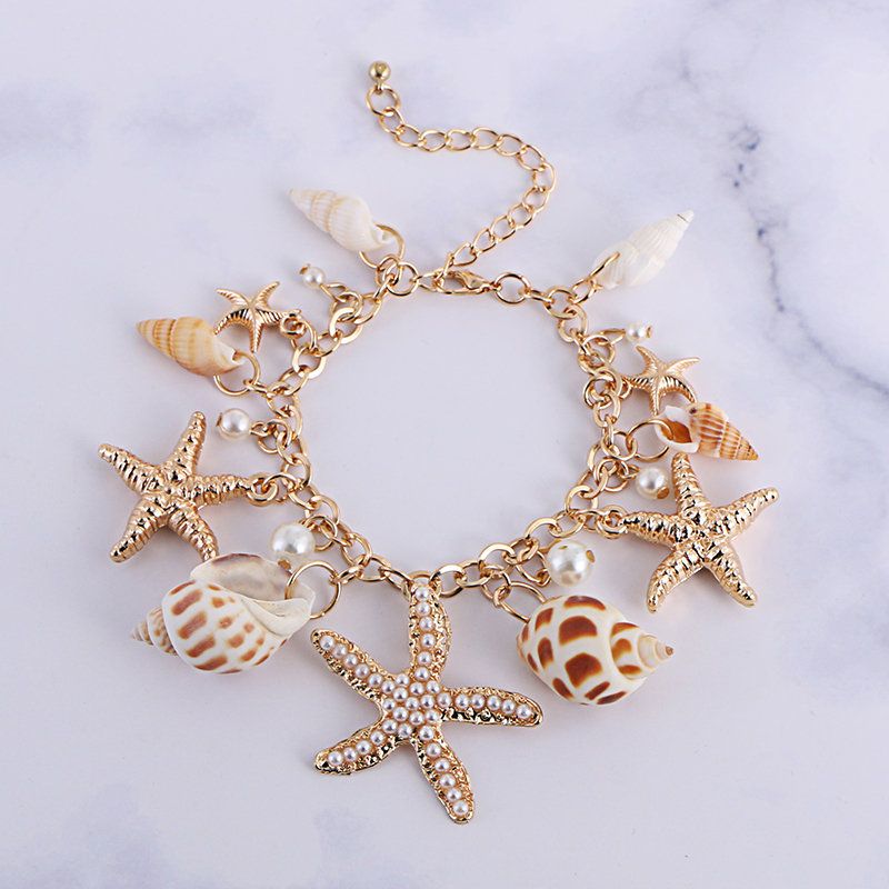 Trendy Conch Starfish-anheng Kvastarmbånd Bohemian Hollow Pearl Chain Armbånd For Kvinne