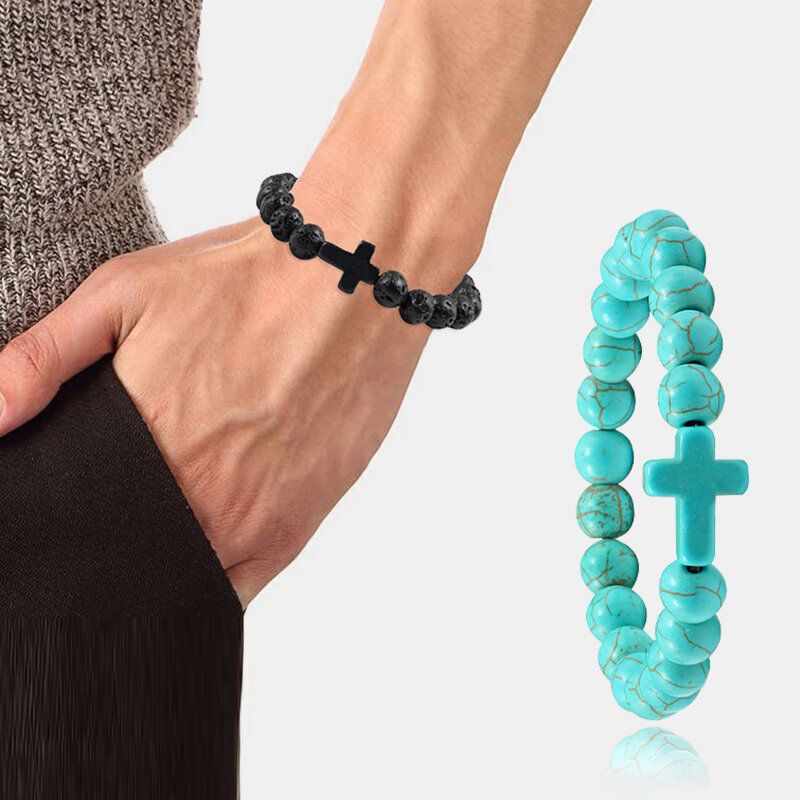 Turkise Cross Beads Armbånd Elastisk Tau Yoga Buddha Naturstein Unisex