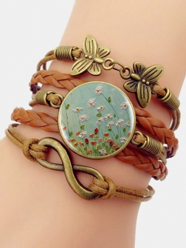 Vintage Daisy Blomstermønster Print Butterfly Braided Gemstone Flerlags Armbånd