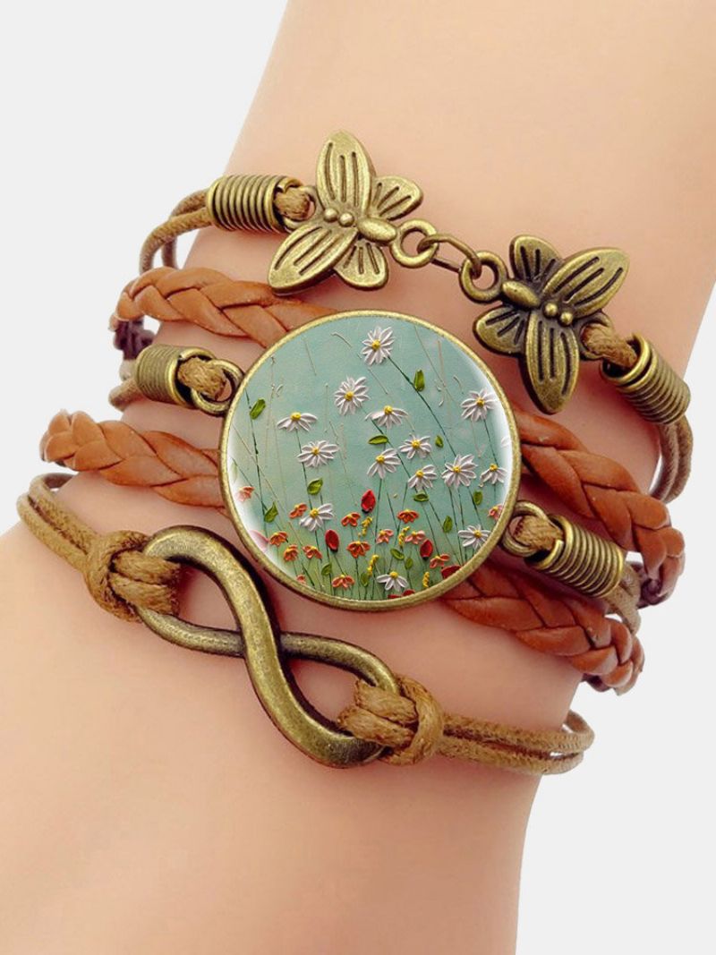 Vintage Daisy Blomstermønster Print Butterfly Braided Gemstone Flerlags Armbånd