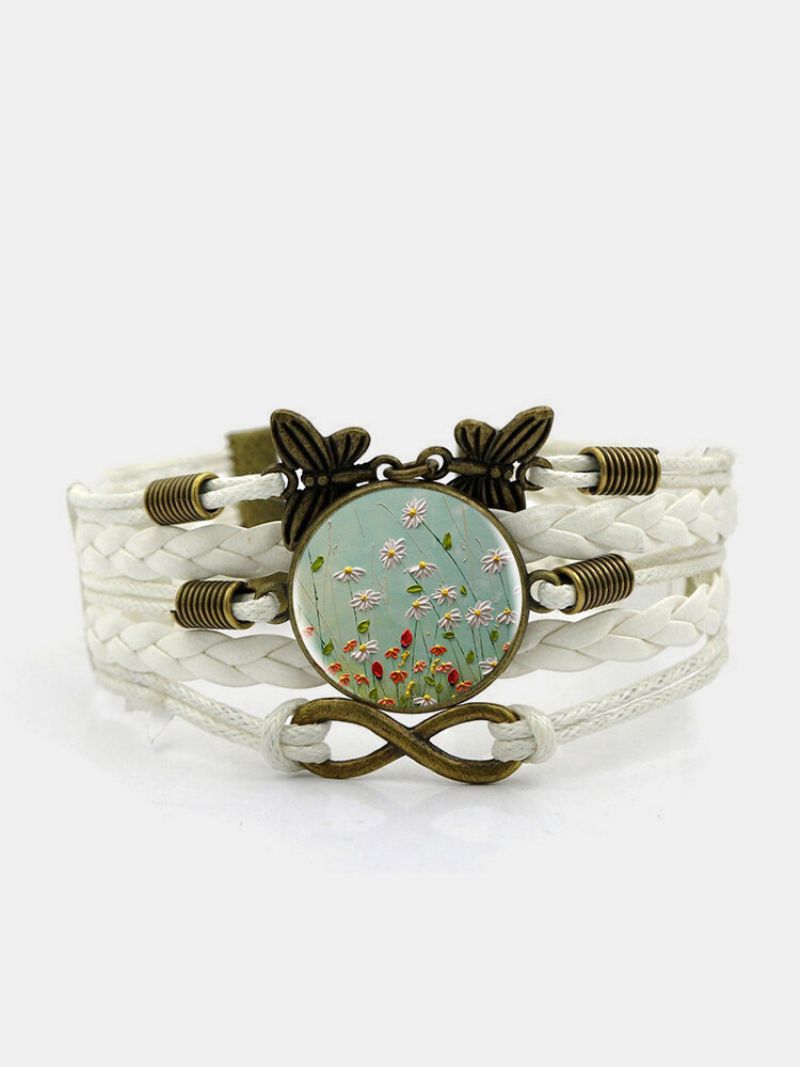 Vintage Daisy Blomstermønster Print Butterfly Braided Gemstone Flerlags Armbånd