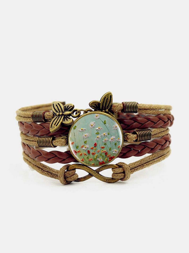 Vintage Daisy Blomstermønster Print Butterfly Braided Gemstone Flerlags Armbånd