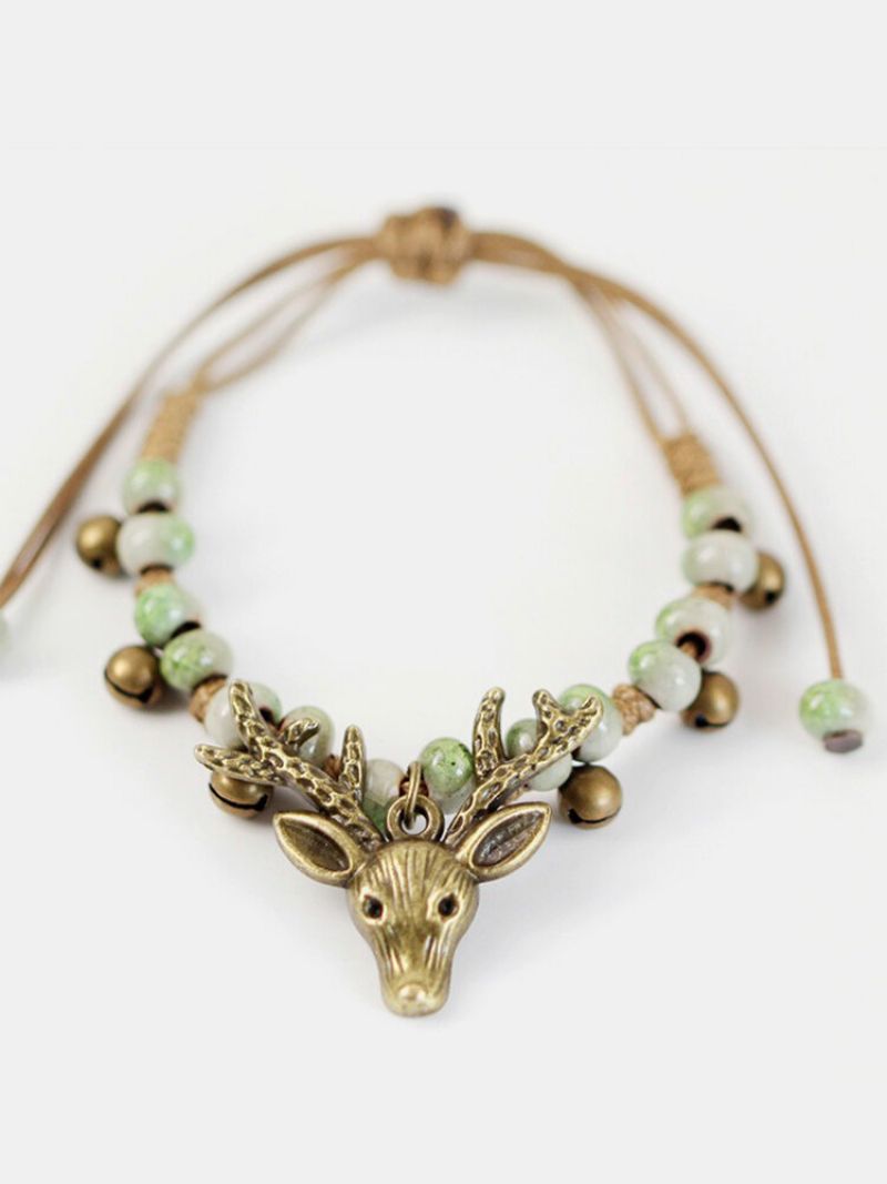 Vintage Deer Head Charm Armbånd Small Bell Wax Rope Beaded Håndlaget Etnisk Smykke For Menn