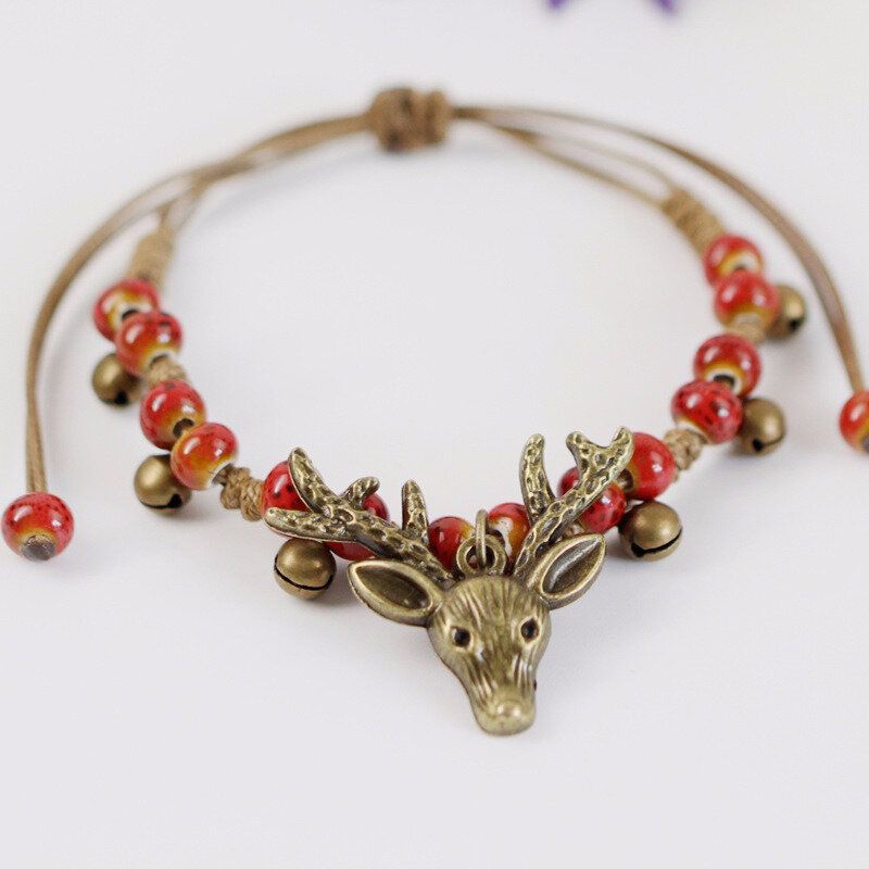 Vintage Deer Head Charm Armbånd Small Bell Wax Rope Beaded Håndlaget Etnisk Smykke For Menn