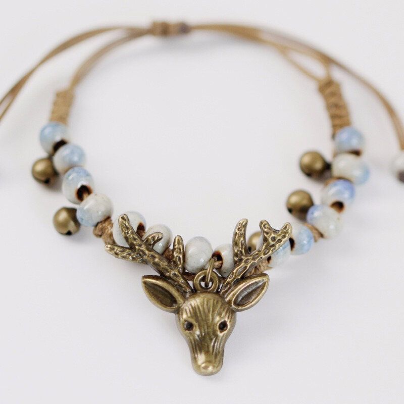 Vintage Deer Head Charm Armbånd Small Bell Wax Rope Beaded Håndlaget Etnisk Smykke For Menn