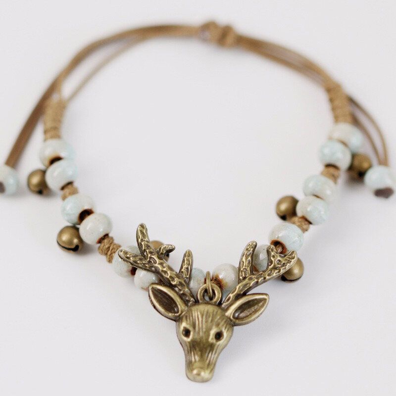 Vintage Deer Head Charm Armbånd Small Bell Wax Rope Beaded Håndlaget Etnisk Smykke For Menn