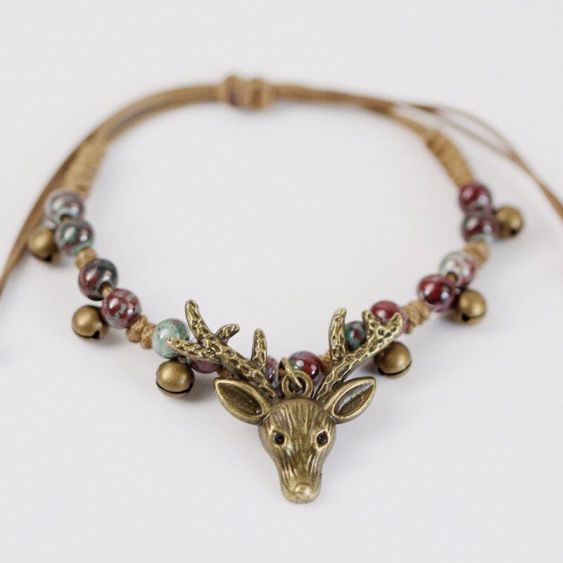 Vintage Deer Head Charm Armbånd Small Bell Wax Rope Beaded Håndlaget Etnisk Smykke For Menn