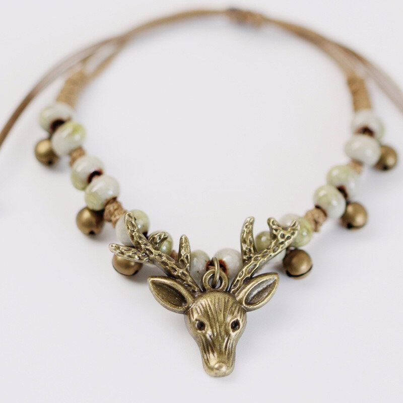 Vintage Deer Head Charm Armbånd Small Bell Wax Rope Beaded Håndlaget Etnisk Smykke For Menn