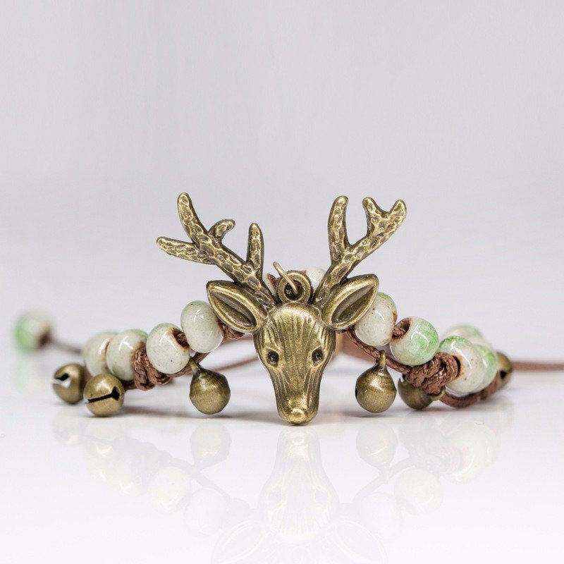 Vintage Deer Head Charm Armbånd Small Bell Wax Rope Beaded Håndlaget Etnisk Smykke For Menn