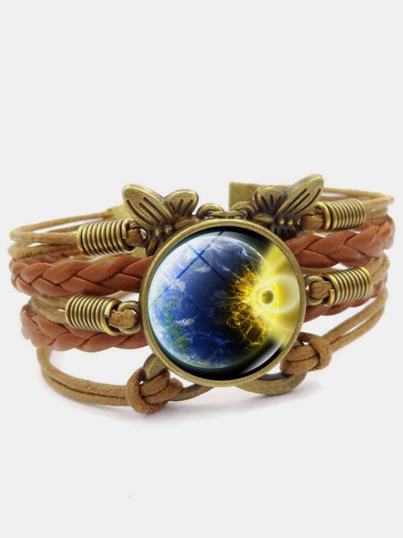 Vintage Galaxy Stjernehimmel Mønster Sommerfugl Geometrisk Form Håndflettet Glass Pu Legering Flerlags Armbånd