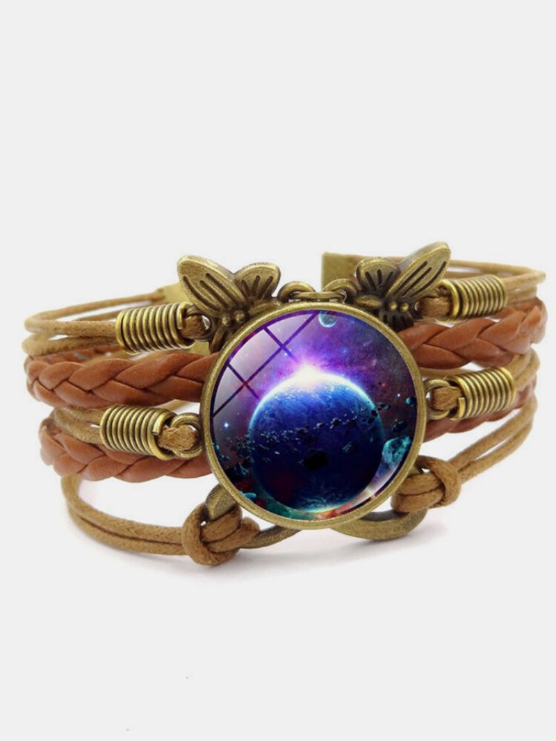 Vintage Galaxy Stjernehimmel Mønster Sommerfugl Geometrisk Form Håndflettet Glass Pu Legering Flerlags Armbånd