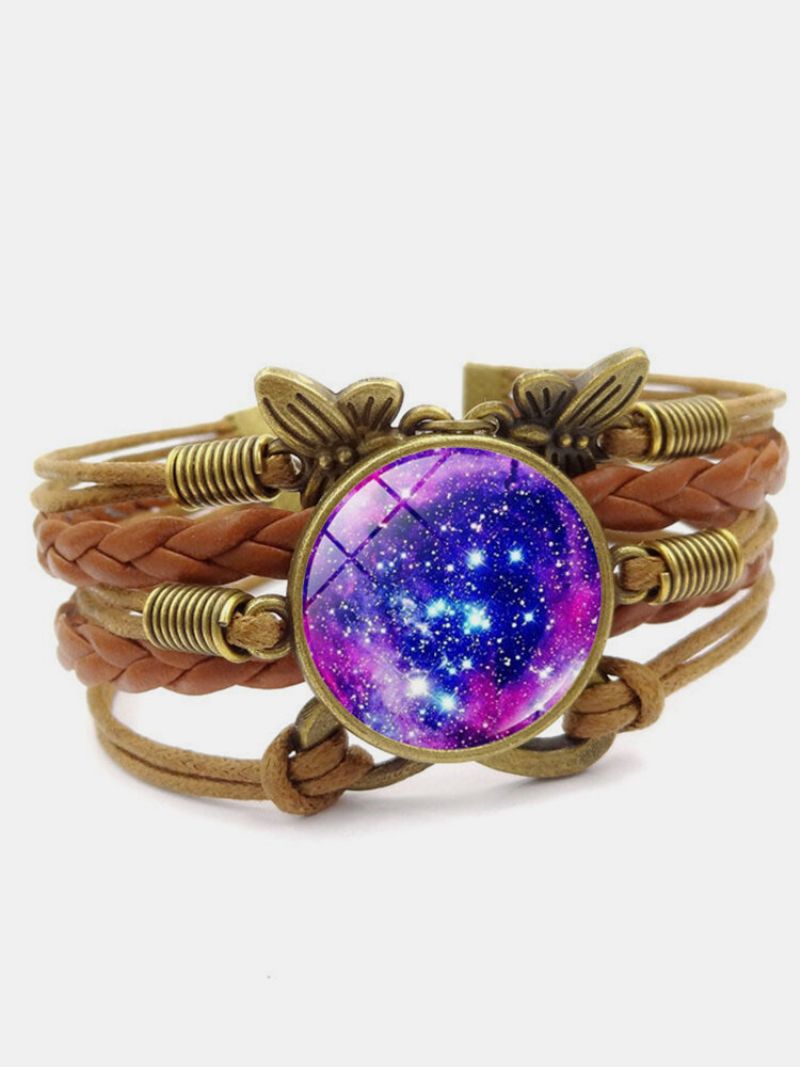 Vintage Galaxy Stjernehimmel Mønster Sommerfugl Geometrisk Form Håndflettet Glass Pu Legering Flerlags Armbånd