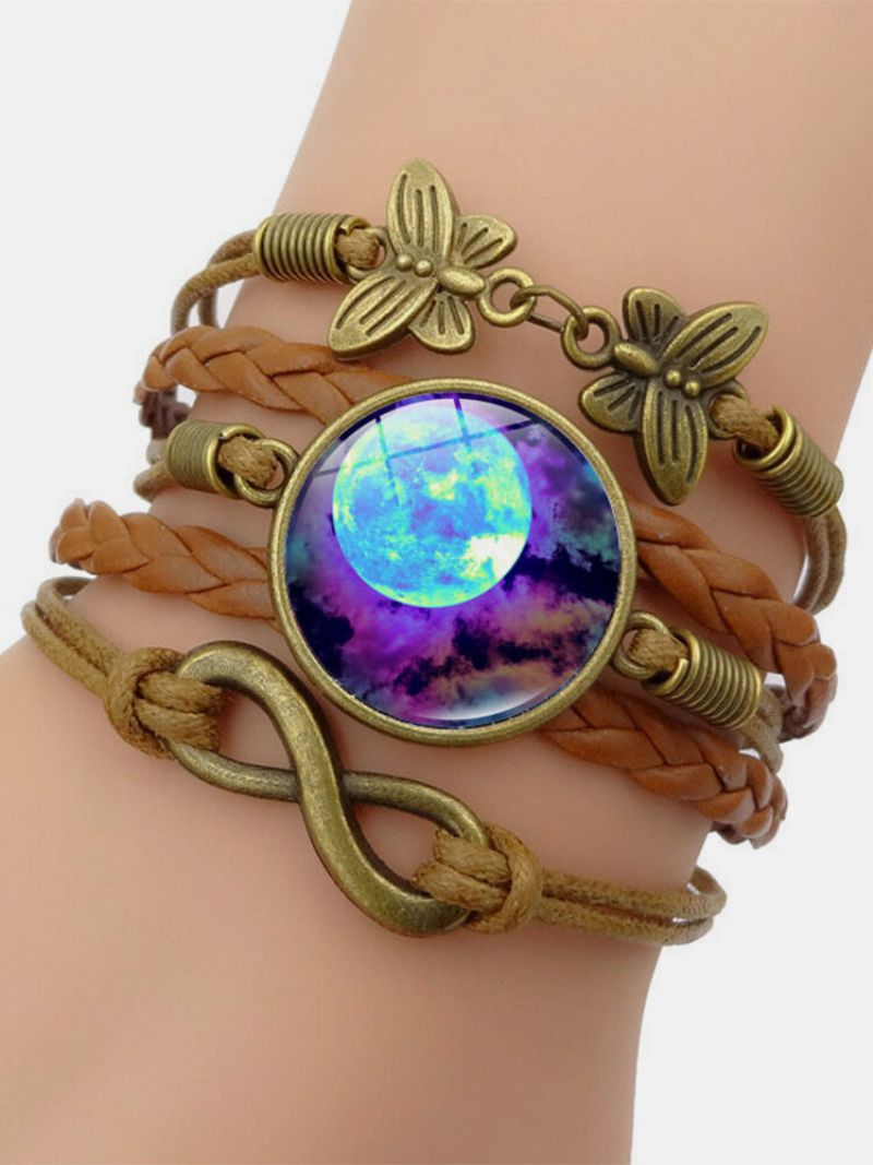 Vintage Galaxy Stjernehimmel Mønster Sommerfugl Geometrisk Form Håndflettet Glass Pu Legering Flerlags Armbånd