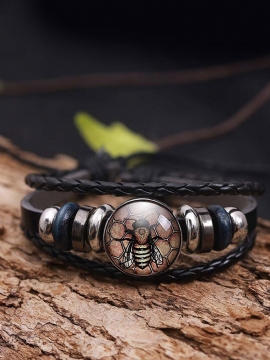 Vintage Håndvevde Kvinner Armbånd Multi-layer Bee Utskrift Glass