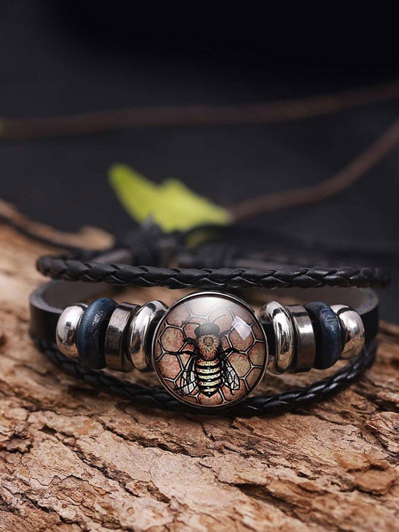 Vintage Håndvevde Kvinner Armbånd Multi-layer Bee Utskrift Glass