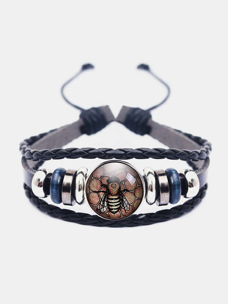 Vintage Håndvevde Kvinner Armbånd Multi-layer Bee Utskrift Glass