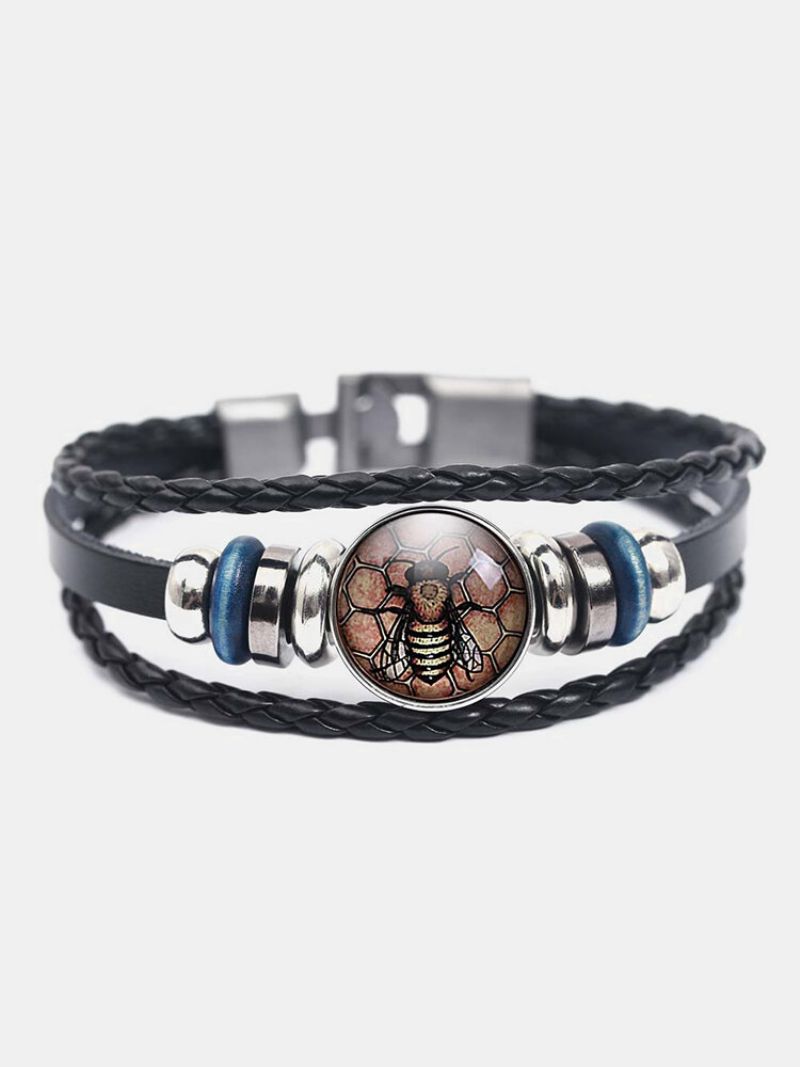 Vintage Håndvevde Kvinner Armbånd Multi-layer Bee Utskrift Glass