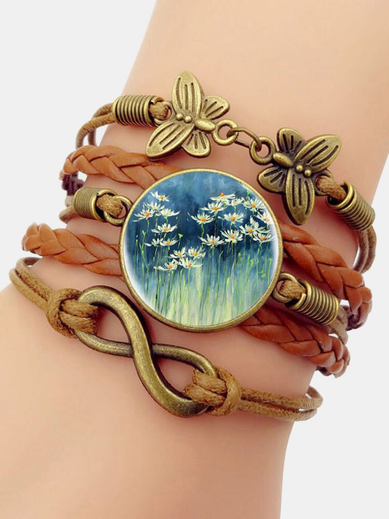 Vintage Hvitt Blomstermønster Print Butterfly Braided Gemstone Flerlags Armbånd