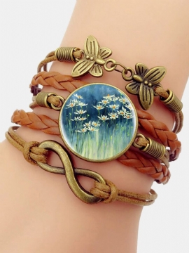 Vintage Hvitt Blomstermønster Print Butterfly Braided Gemstone Flerlags Armbånd