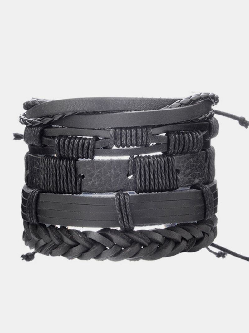 Vintage Punk Armbåndsett Flerlags Bladanheng Pu Lær Håndlaget Vevearmbånd