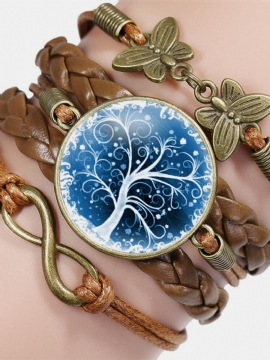 Vintage Tree Of Life-temamønster Sommerfugl Geometrisk Form Håndflettet Glass Pu-legering Flerlags Armbånd